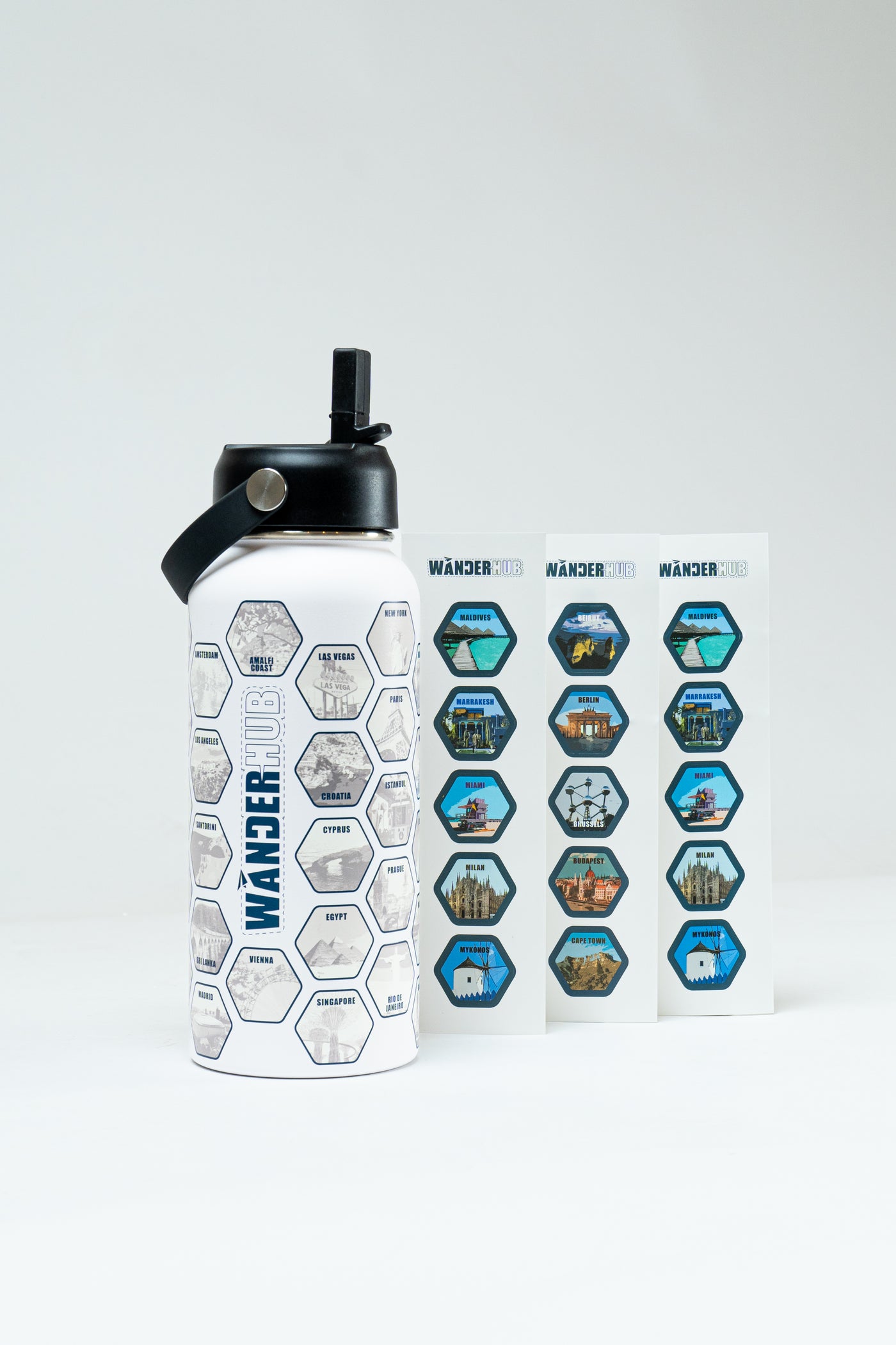 WanderHub World Explorer Bottle with destination stickers